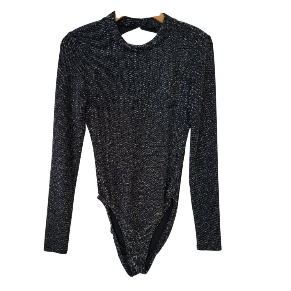 H&M Open Back‎ Black Metallic Bodysuit Layer Sz M Y2K Look